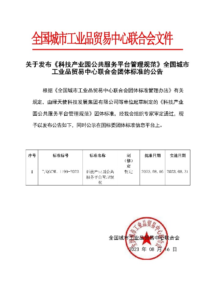 全國城市工業品貿易中心聯合會團體標準公告1